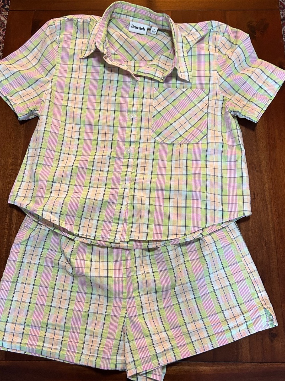 Aritzia Sunday Best Sun-Deh Pastel Plaid Pajama Lounge Set Short Sleeve Shorts S